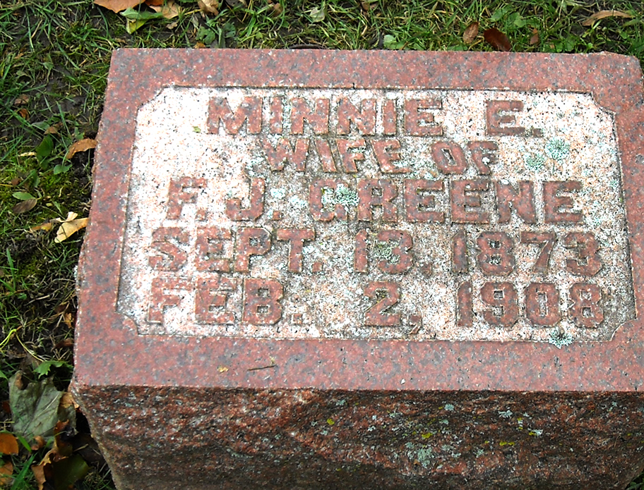 Photo of headstones/Minnie E Greene 1873-1908 hdstn Racine Mound cem Wisc